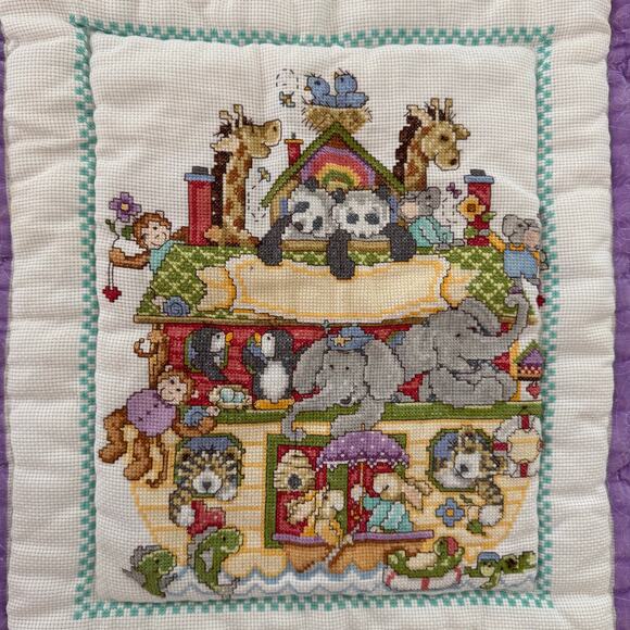Vintage Handmade Animal Themed Baby Quilt Noah's Ark Cross-Stitch Zoo Wall Decor - Picture 2 of 7